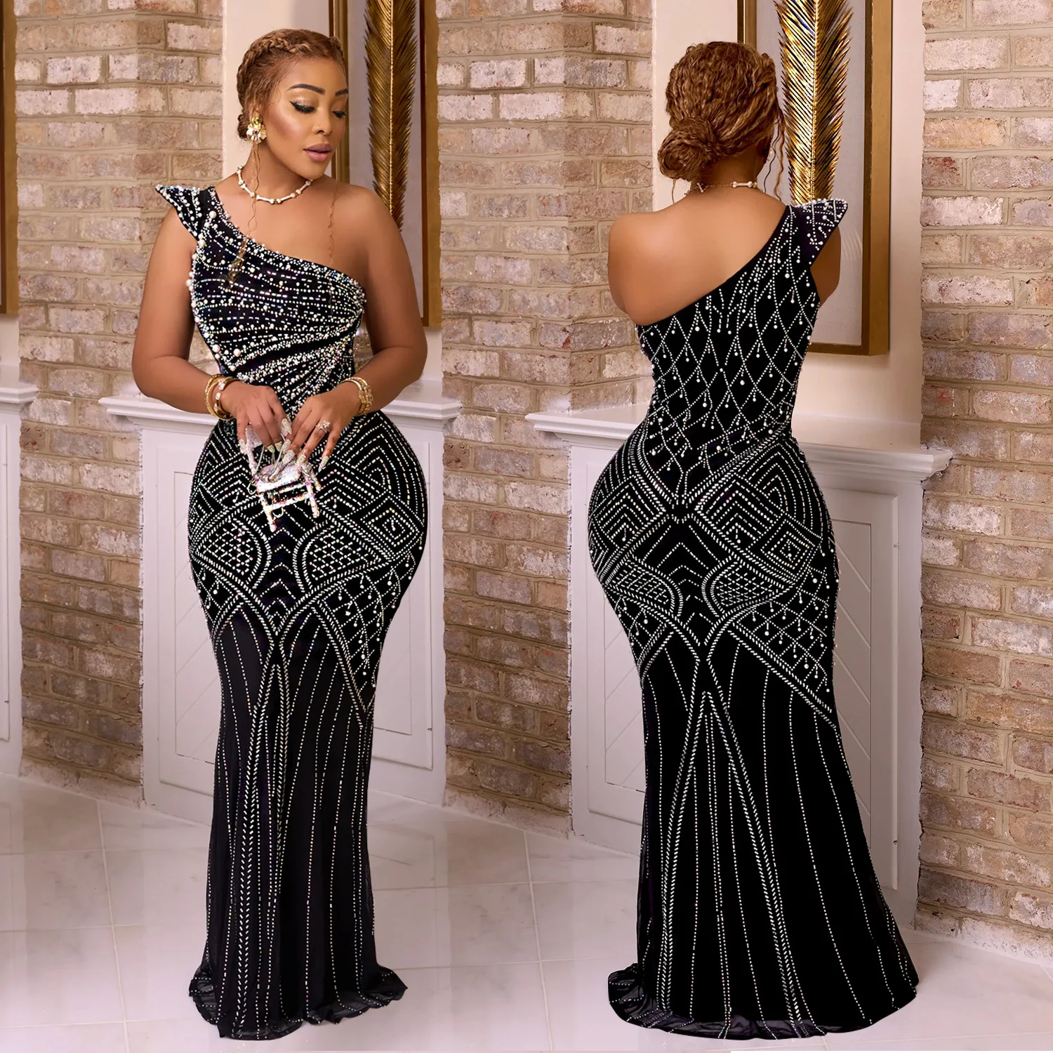 Women Dress Floor Length Dresses Skew Collar Vestidos Hot Drilling Sleeveless One Shoulder Hip Wrap Party Sexy Slim Fit