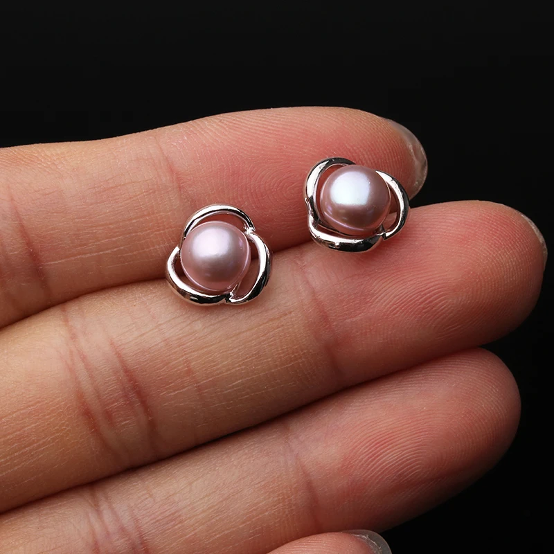 Genuine Silver 925 White Stud Earrings Pearl Woman,Natural Freshwater Bridal Jewelry Pearl Earrings Wife Mother Gift Pink Black