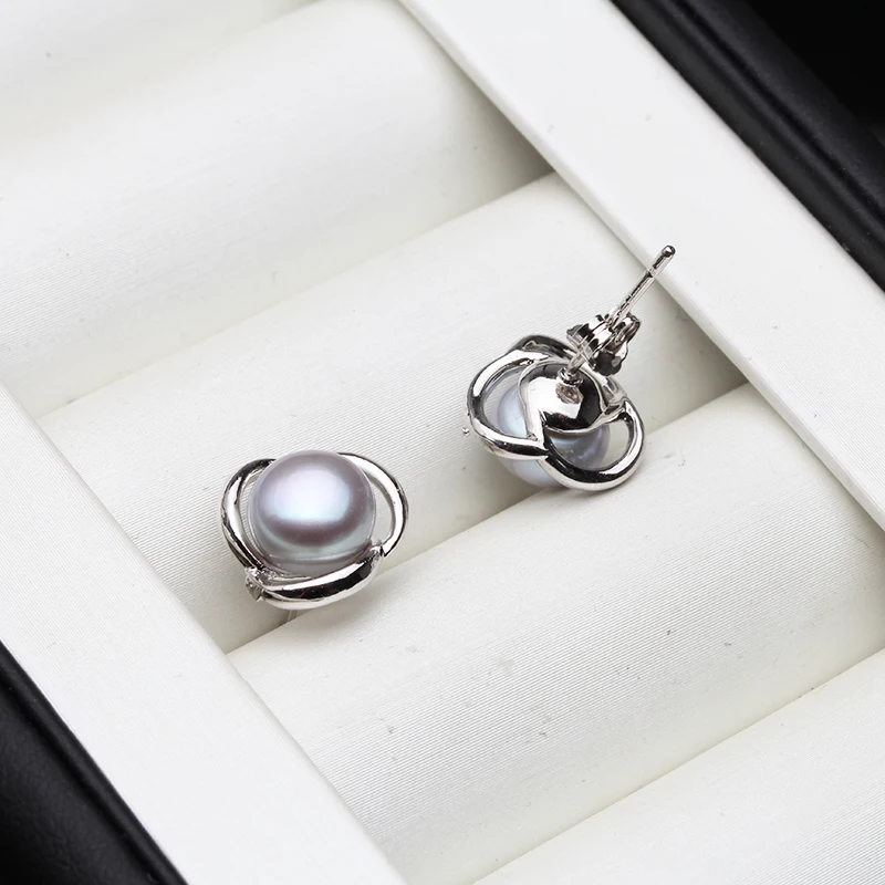 Genuine Silver 925 White Stud Earrings Pearl Woman,Natural Freshwater Bridal Jewelry Pearl Earrings Wife Mother Gift Pink Black