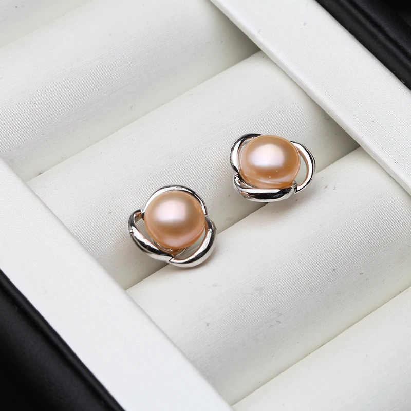 Genuine Silver 925 White Stud Earrings Pearl Woman,Natural Freshwater Bridal Jewelry Pearl Earrings Wife Mother Gift Pink Black