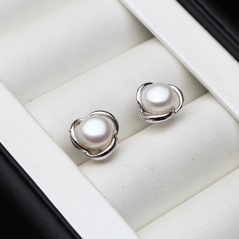 Genuine Silver 925 White Stud Earrings Pearl Woman,Natural Freshwater Bridal Jewelry Pearl Earrings Wife Mother Gift Pink Black
