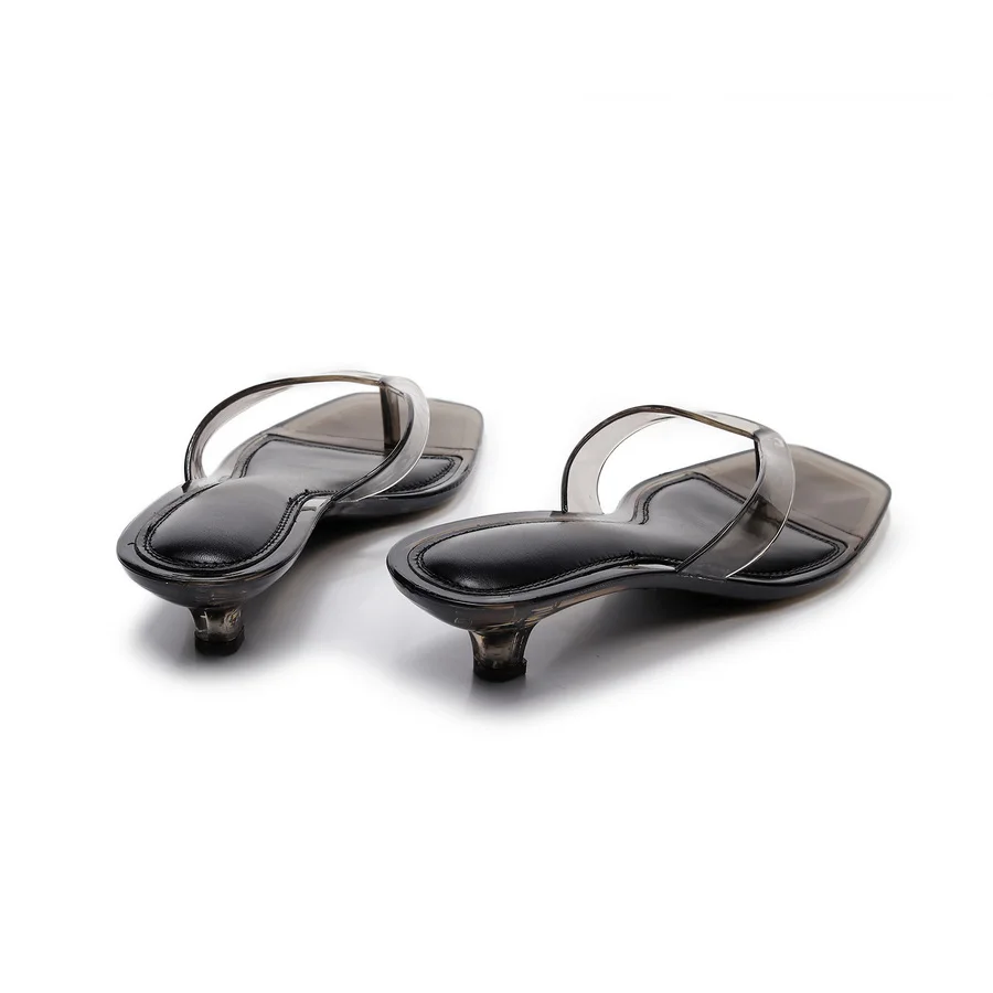 New Low Heels Thong Sandals for Women Square Toe Fashion Transparent Heeled Flip Flops Woman Summer Clear Stiletto Beach Sandal
