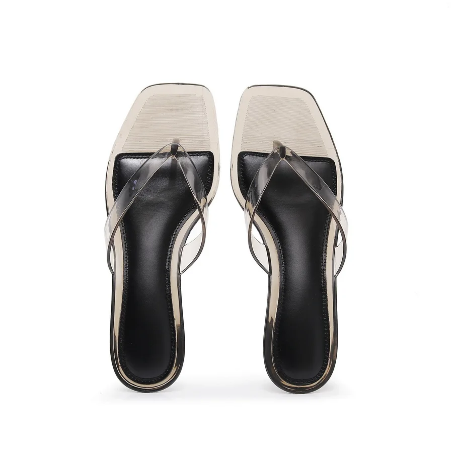 New Low Heels Thong Sandals for Women Square Toe Fashion Transparent Heeled Flip Flops Woman Summer Clear Stiletto Beach Sandal