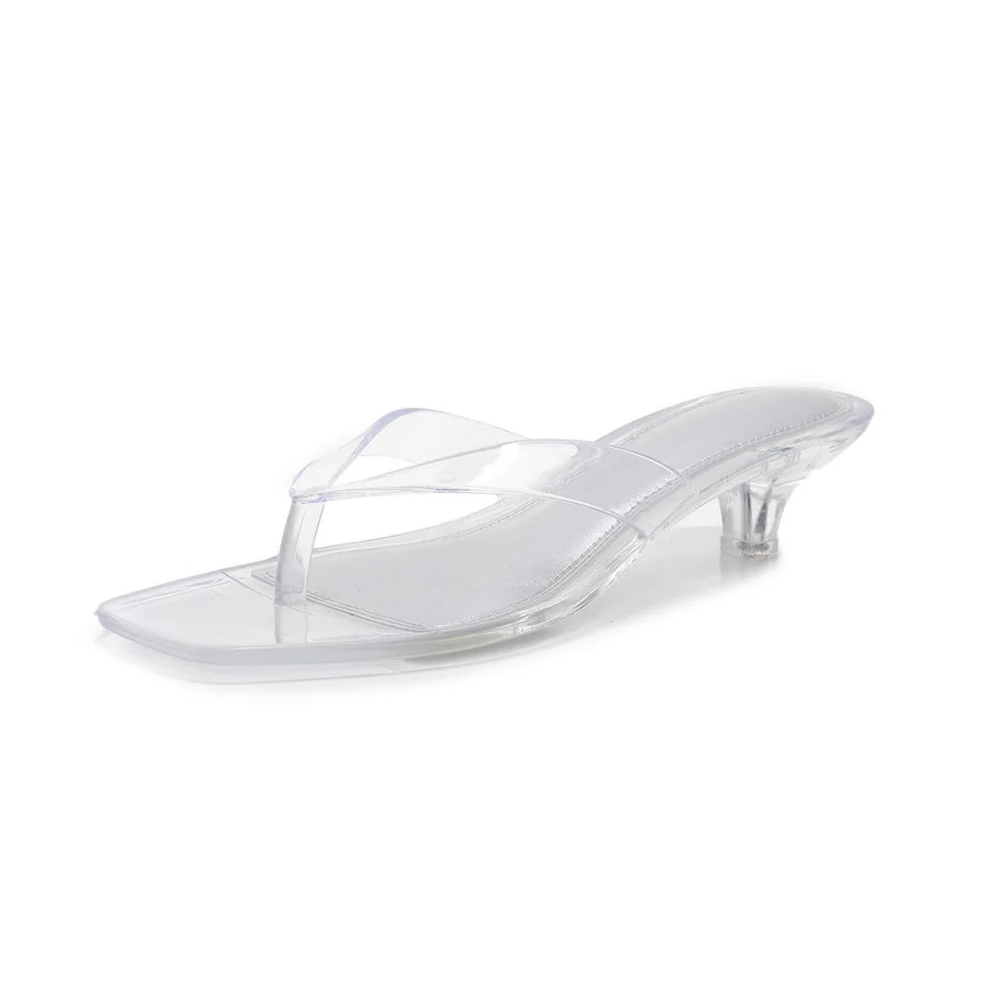 New Low Heels Thong Sandals for Women Square Toe Fashion Transparent Heeled Flip Flops Woman Summer Clear Stiletto Beach Sandal