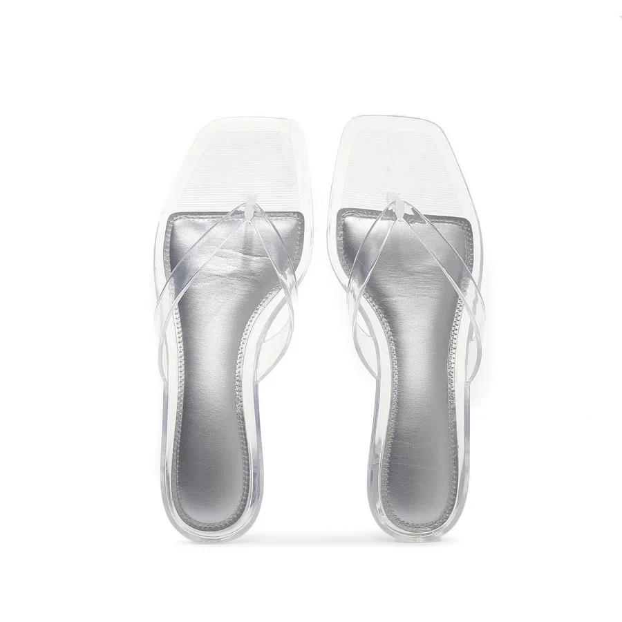 New Low Heels Thong Sandals for Women Square Toe Fashion Transparent Heeled Flip Flops Woman Summer Clear Stiletto Beach Sandal