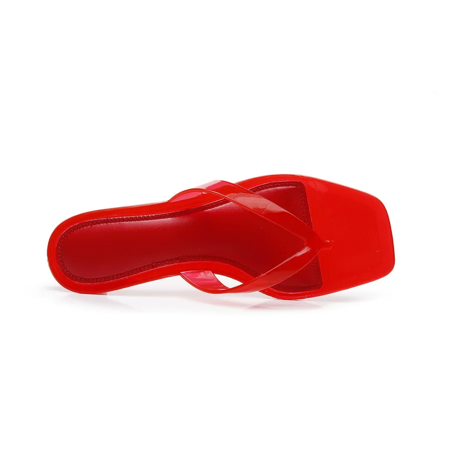New Low Heels Thong Sandals for Women Square Toe Fashion Transparent Heeled Flip Flops Woman Summer Clear Stiletto Beach Sandal