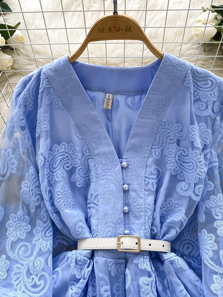 Summer French Sweet V-neck Dress Women's Lantern Sleeves Embroidered Waist Single Breasted A-line Mini Elegant Party Dress C187