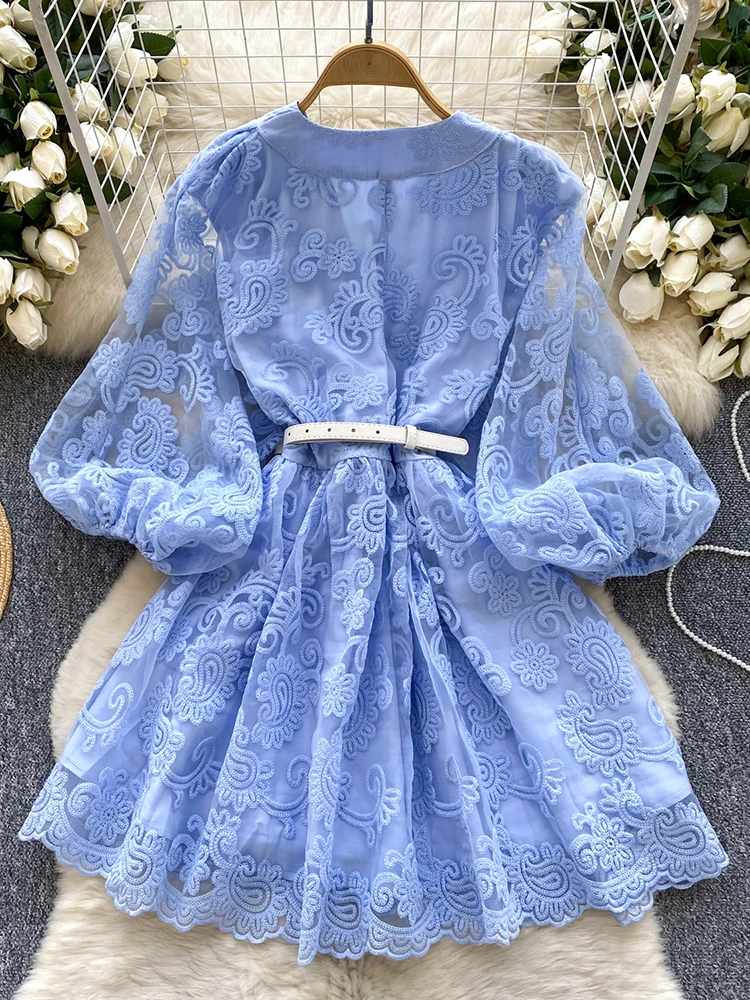 Summer French Sweet V-neck Dress Women's Lantern Sleeves Embroidered Waist Single Breasted A-line Mini Elegant Party Dress C187