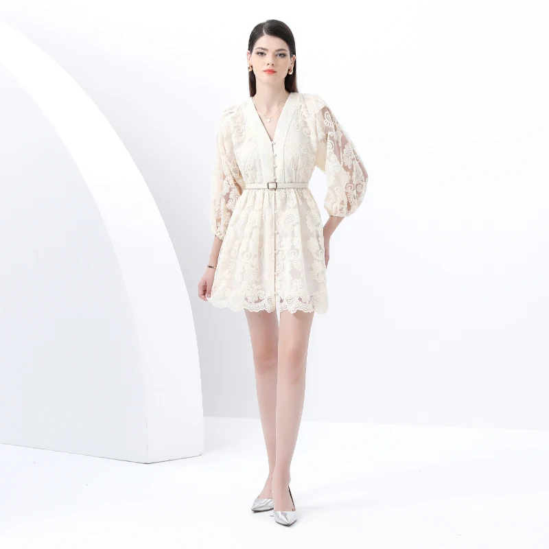 Summer French Sweet V-neck Dress Women's Lantern Sleeves Embroidered Waist Single Breasted A-line Mini Elegant Party Dress C187