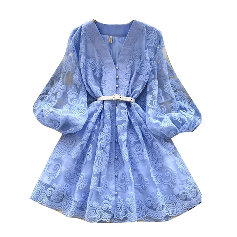 Summer French Sweet V-neck Dress Women's Lantern Sleeves Embroidered Waist Single Breasted A-line Mini Elegant Party Dress C187