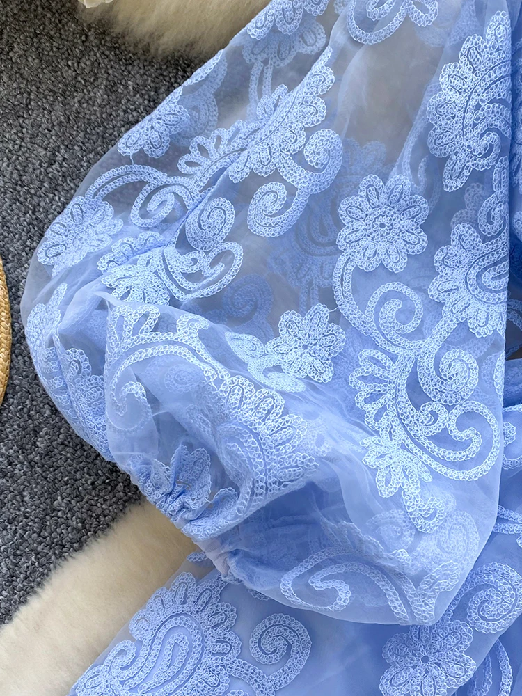 Summer French Sweet V-neck Dress Women's Lantern Sleeves Embroidered Waist Single Breasted A-line Mini Elegant Party Dress C187