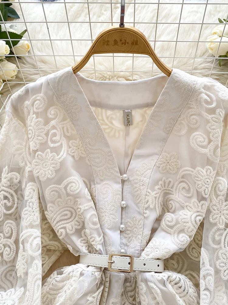 Summer French Sweet V-neck Dress Women's Lantern Sleeves Embroidered Waist Single Breasted A-line Mini Elegant Party Dress C187