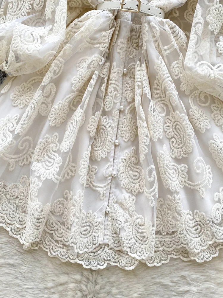 Summer French Sweet V-neck Dress Women's Lantern Sleeves Embroidered Waist Single Breasted A-line Mini Elegant Party Dress C187
