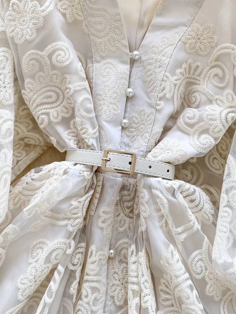 Summer French Sweet V-neck Dress Women's Lantern Sleeves Embroidered Waist Single Breasted A-line Mini Elegant Party Dress C187