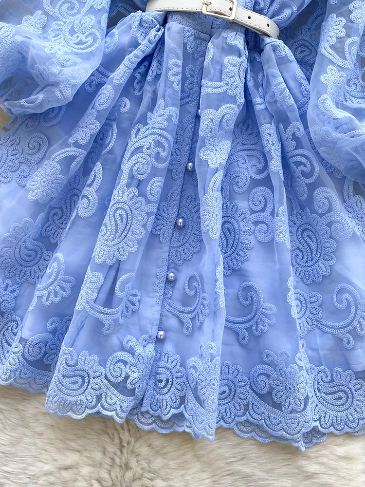 Summer French Sweet V-neck Dress Women's Lantern Sleeves Embroidered Waist Single Breasted A-line Mini Elegant Party Dress C187