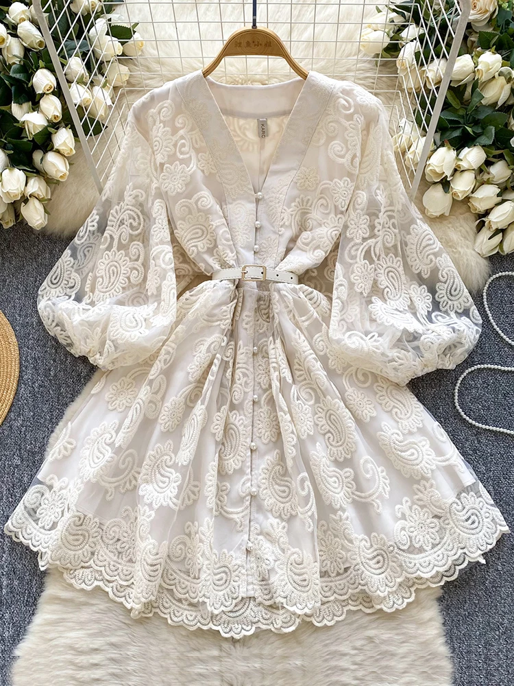 Summer French Sweet V-neck Dress Women's Lantern Sleeves Embroidered Waist Single Breasted A-line Mini Elegant Party Dress C187