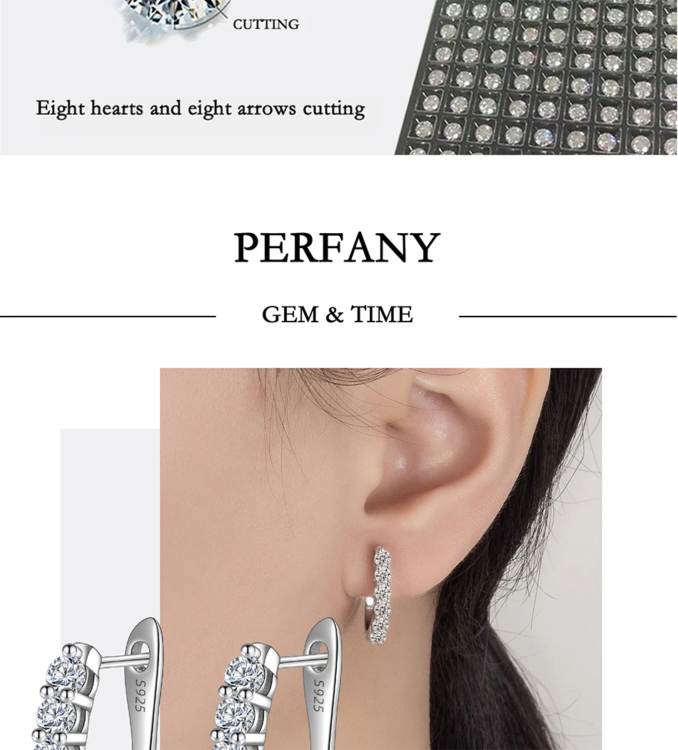 PERFANY 1.2CT Moissanite Earrings for Women S925 Pure Silver GRA Certified Diamonds Straight Row Ear Buckles Fashion Jewelry