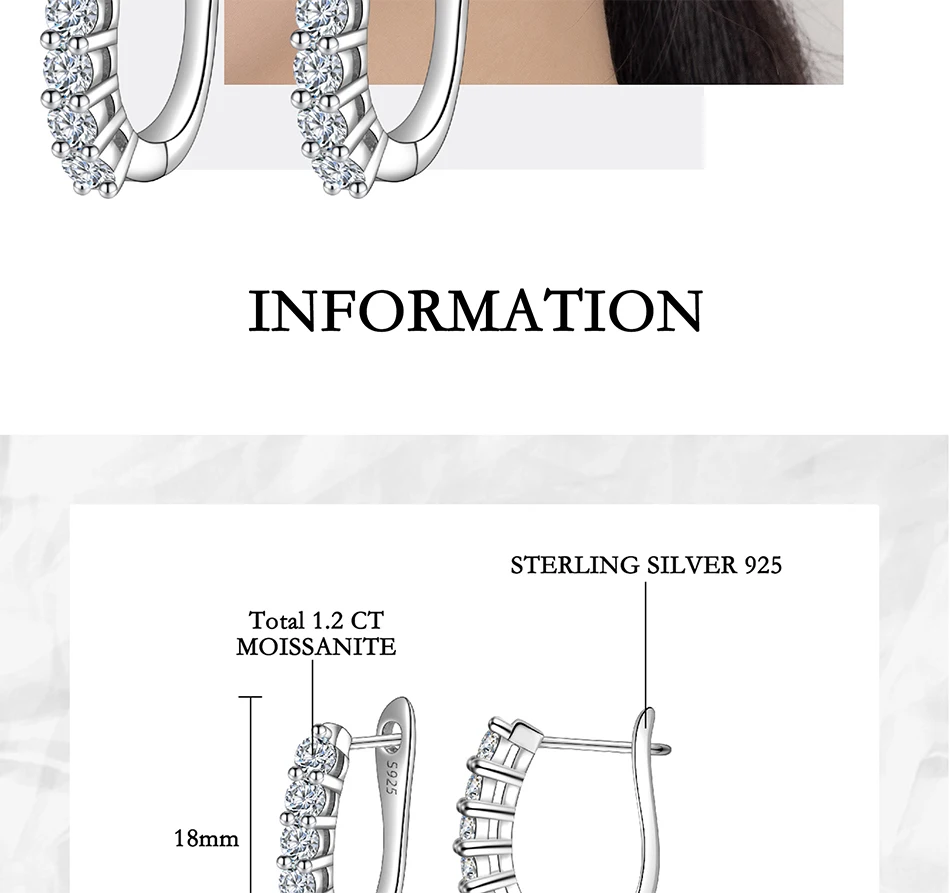 PERFANY 1.2CT Moissanite Earrings for Women S925 Pure Silver GRA Certified Diamonds Straight Row Ear Buckles Fashion Jewelry