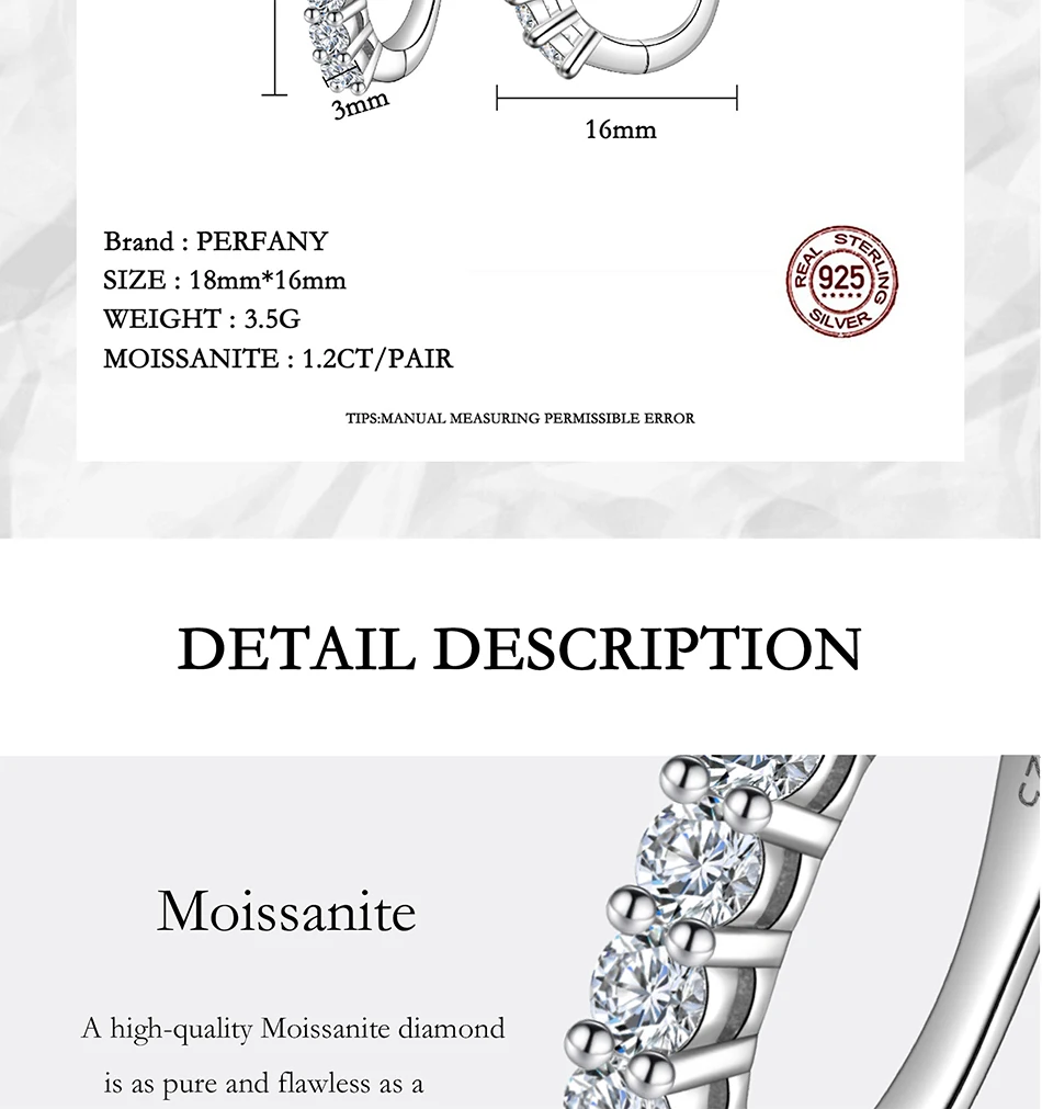PERFANY 1.2CT Moissanite Earrings for Women S925 Pure Silver GRA Certified Diamonds Straight Row Ear Buckles Fashion Jewelry