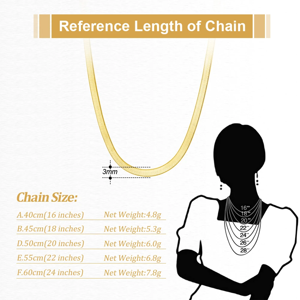 ORSA JEWELS 925 Sterling Silver 3mm Gold Flexible Flat Chain Herringbone Snake Chain Necklace for Women Neck Chain Jewelry SC35
