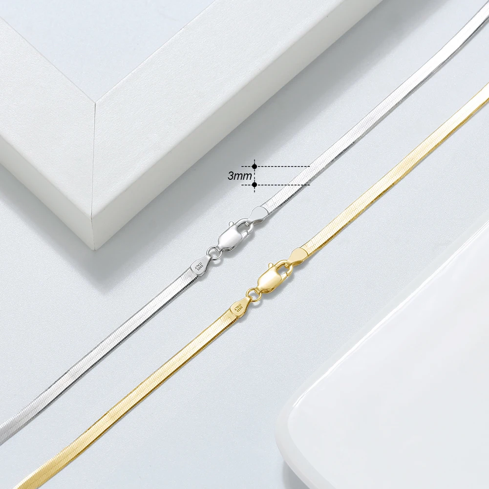 ORSA JEWELS 925 Sterling Silver 3mm Gold Flexible Flat Chain Herringbone Snake Chain Necklace for Women Neck Chain Jewelry SC35