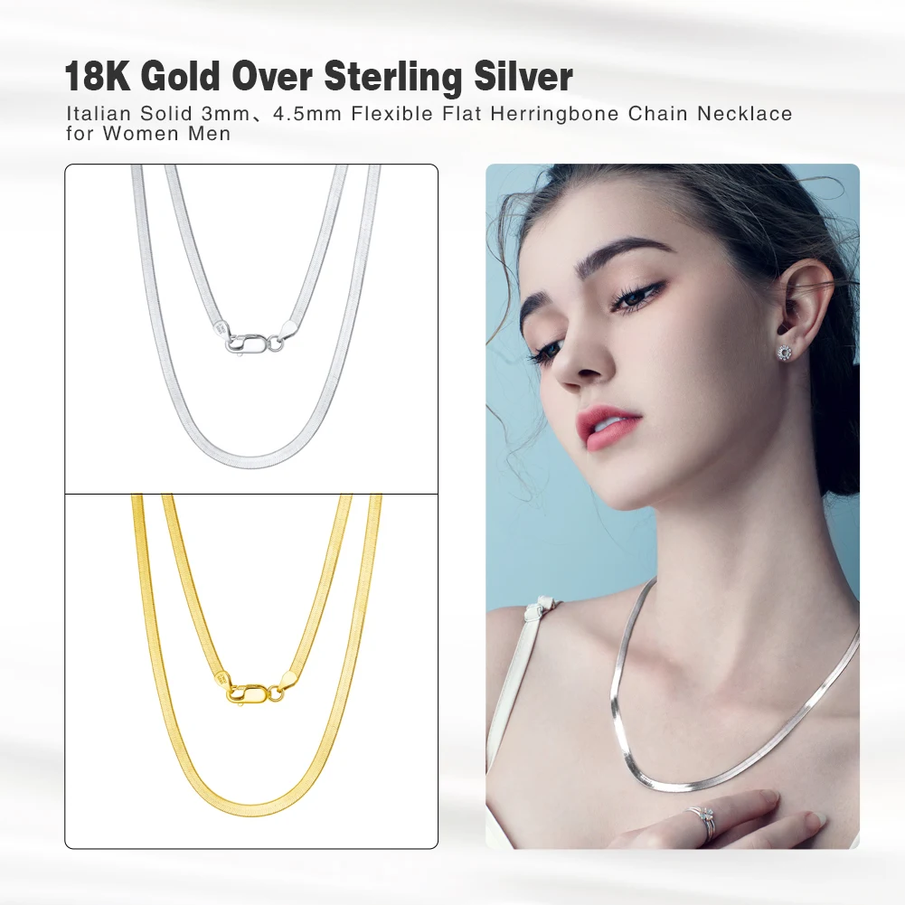 ORSA JEWELS 925 Sterling Silver 3mm Gold Flexible Flat Chain Herringbone Snake Chain Necklace for Women Neck Chain Jewelry SC35