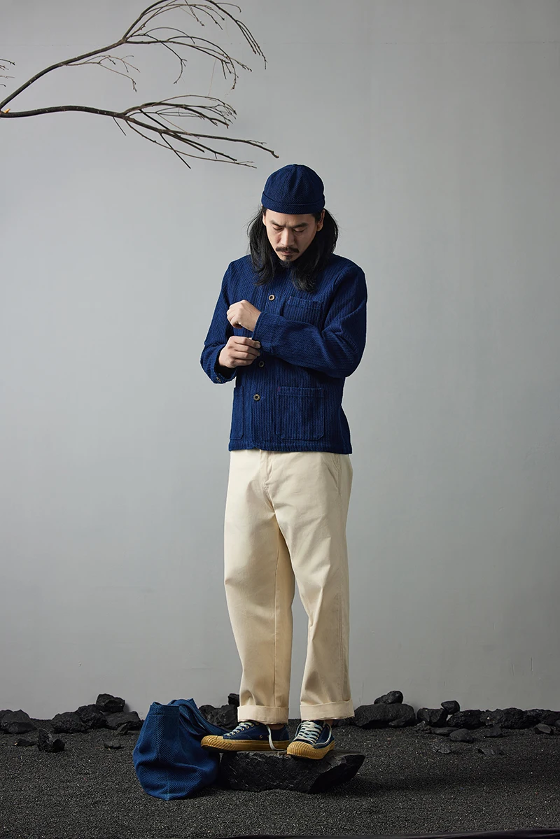 Vintage French Indigo Cargo Jacket Men Autumn Winter New Lapel Multi-pocket Blue Dyed Tooling Jacket Retro Casual Cardigan Coat