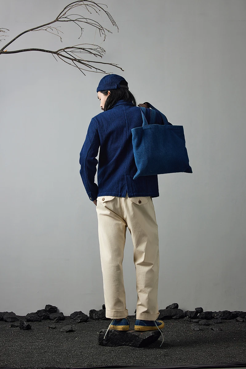 Vintage French Indigo Cargo Jacket Men Autumn Winter New Lapel Multi-pocket Blue Dyed Tooling Jacket Retro Casual Cardigan Coat