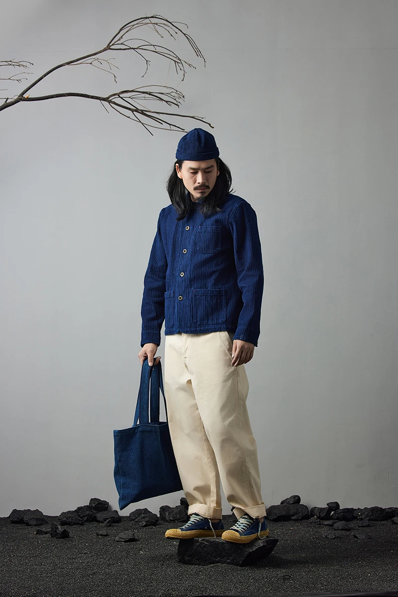 Vintage French Indigo Cargo Jacket Men Autumn Winter New Lapel Multi-pocket Blue Dyed Tooling Jacket Retro Casual Cardigan Coat