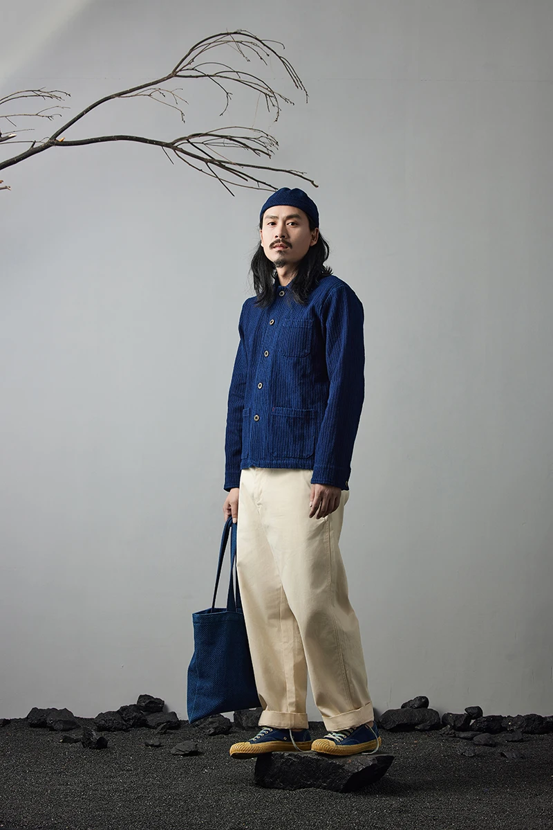 Vintage French Indigo Cargo Jacket Men Autumn Winter New Lapel Multi-pocket Blue Dyed Tooling Jacket Retro Casual Cardigan Coat
