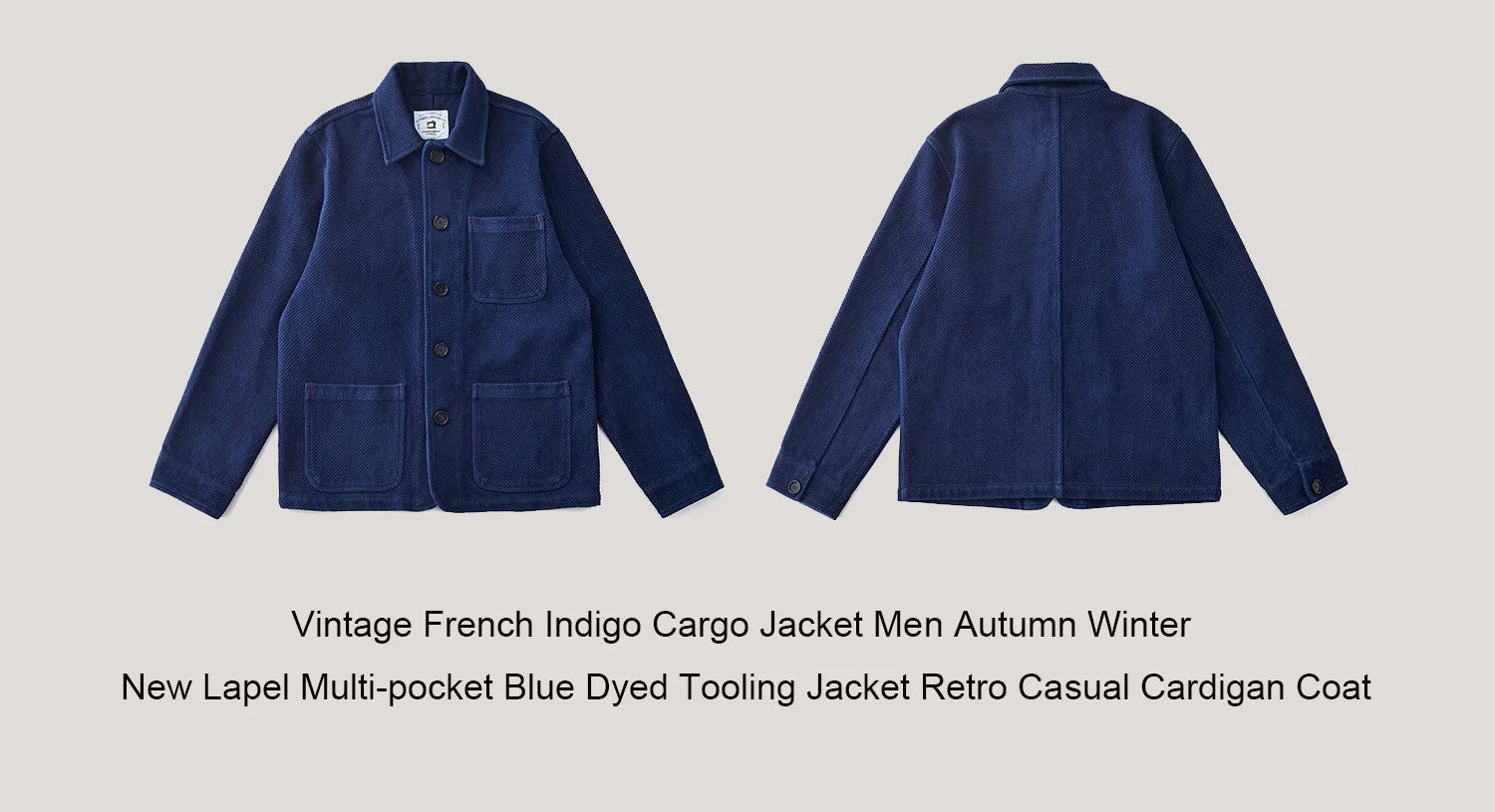 Vintage French Indigo Cargo Jacket Men Autumn Winter New Lapel Multi-pocket Blue Dyed Tooling Jacket Retro Casual Cardigan Coat