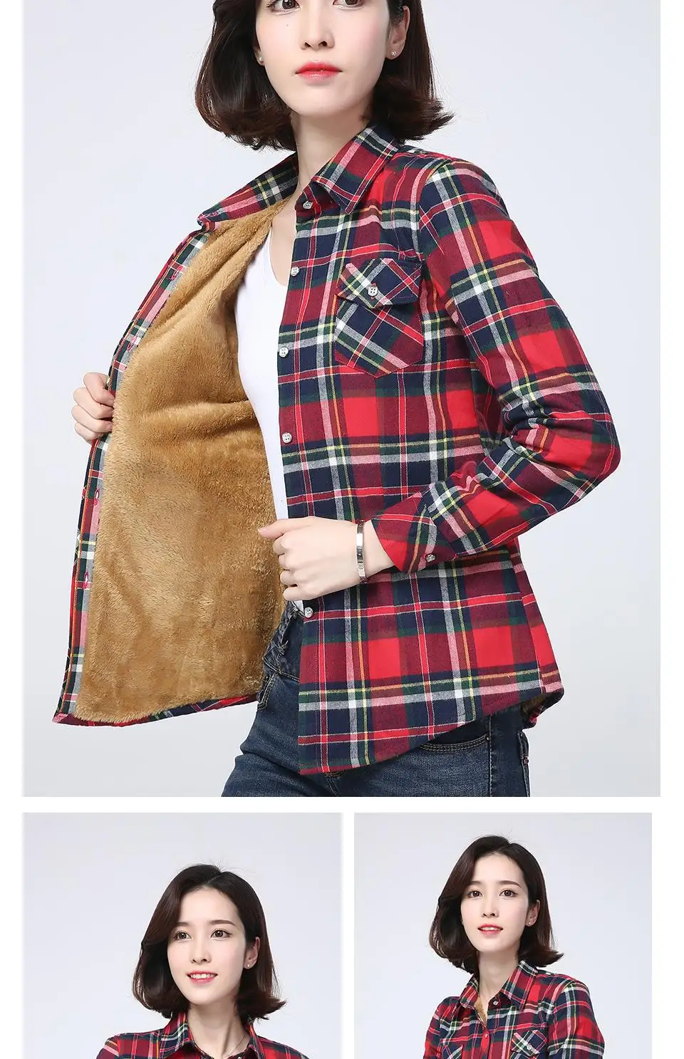 2025 Winter New Women's Warm Plaid Shirt Coat Casual Fleece Velvet Plus Thicke Jacket Tops College Style Woman Clothes Outerwear