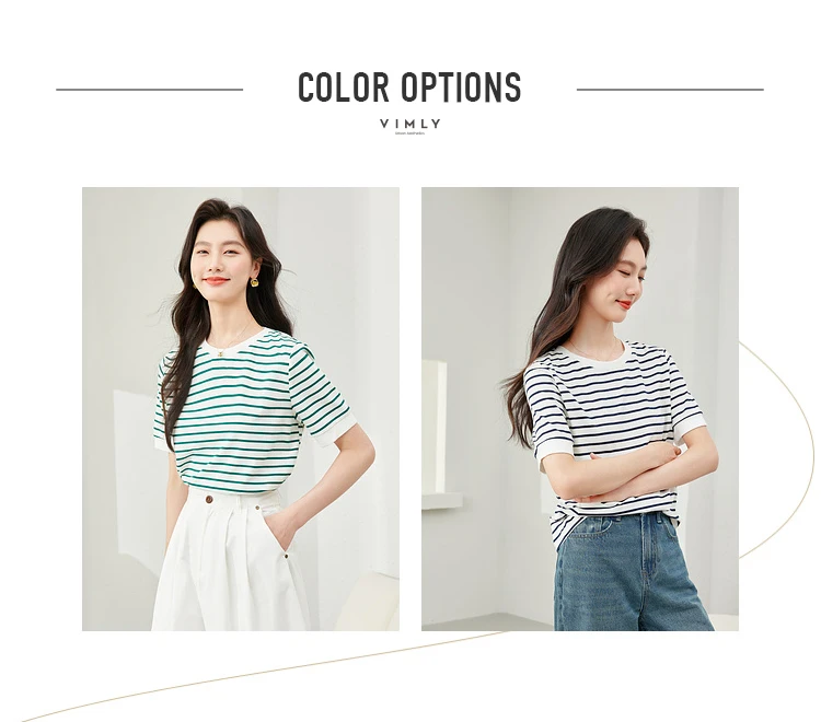 VIMLY Contrast Color Striped Short Sleeve Women's T-shirt 2026 Summer Simple Loose Casual Round Neck Cotton Knit Top M6563