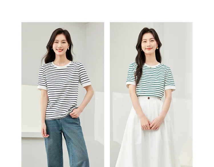 VIMLY Contrast Color Striped Short Sleeve Women's T-shirt 2026 Summer Simple Loose Casual Round Neck Cotton Knit Top M6563