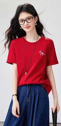 VIMLY Contrast Color Striped Short Sleeve Women's T-shirt 2026 Summer Simple Loose Casual Round Neck Cotton Knit Top M6563