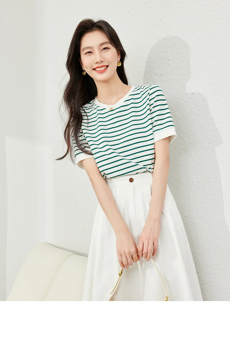 VIMLY Contrast Color Striped Short Sleeve Women's T-shirt 2026 Summer Simple Loose Casual Round Neck Cotton Knit Top M6563