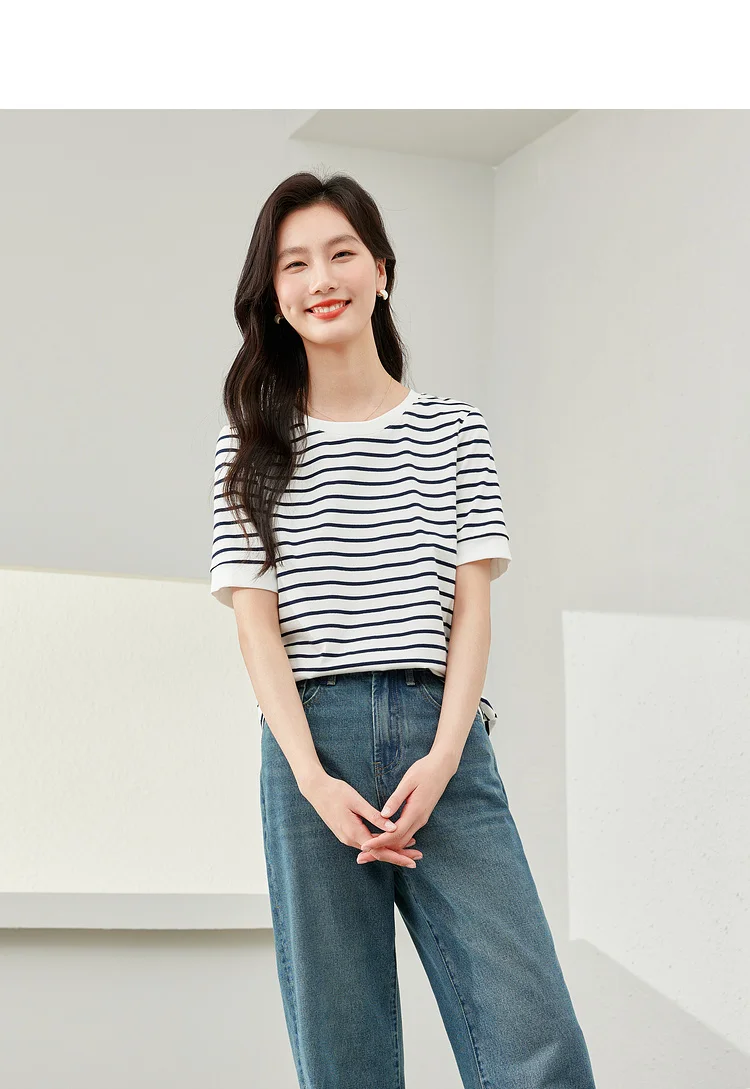 VIMLY Contrast Color Striped Short Sleeve Women's T-shirt 2026 Summer Simple Loose Casual Round Neck Cotton Knit Top M6563