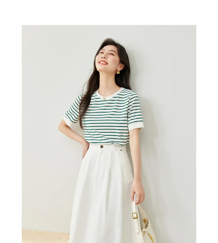 VIMLY Contrast Color Striped Short Sleeve Women's T-shirt 2026 Summer Simple Loose Casual Round Neck Cotton Knit Top M6563