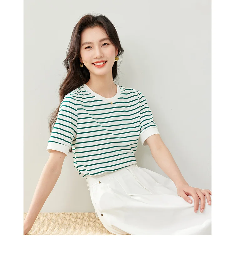 VIMLY Contrast Color Striped Short Sleeve Women's T-shirt 2026 Summer Simple Loose Casual Round Neck Cotton Knit Top M6563