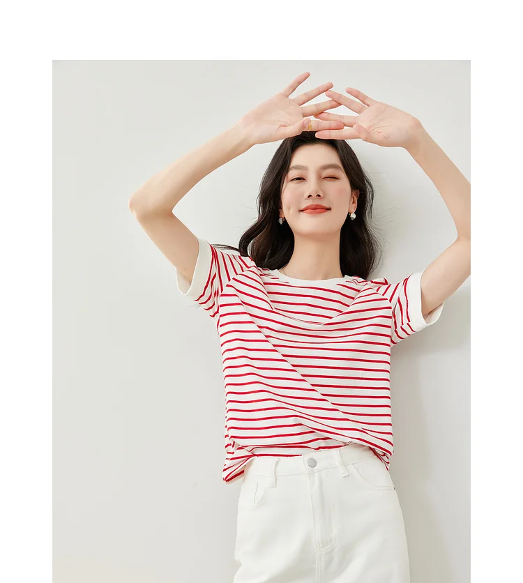 VIMLY Contrast Color Striped Short Sleeve Women's T-shirt 2026 Summer Simple Loose Casual Round Neck Cotton Knit Top M6563