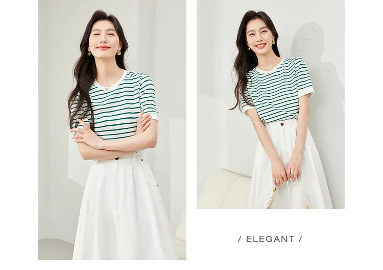 VIMLY Contrast Color Striped Short Sleeve Women's T-shirt 2026 Summer Simple Loose Casual Round Neck Cotton Knit Top M6563