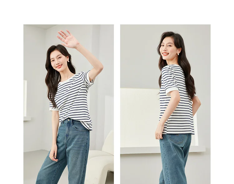 VIMLY Contrast Color Striped Short Sleeve Women's T-shirt 2026 Summer Simple Loose Casual Round Neck Cotton Knit Top M6563