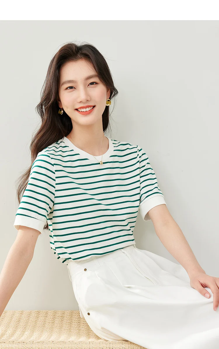 VIMLY Contrast Color Striped Short Sleeve Women's T-shirt 2026 Summer Simple Loose Casual Round Neck Cotton Knit Top M6563