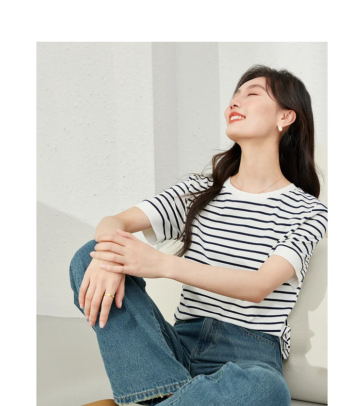 VIMLY Contrast Color Striped Short Sleeve Women's T-shirt 2026 Summer Simple Loose Casual Round Neck Cotton Knit Top M6563