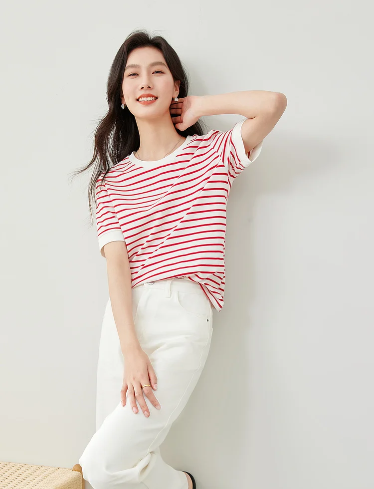 VIMLY Contrast Color Striped Short Sleeve Women's T-shirt 2026 Summer Simple Loose Casual Round Neck Cotton Knit Top M6563
