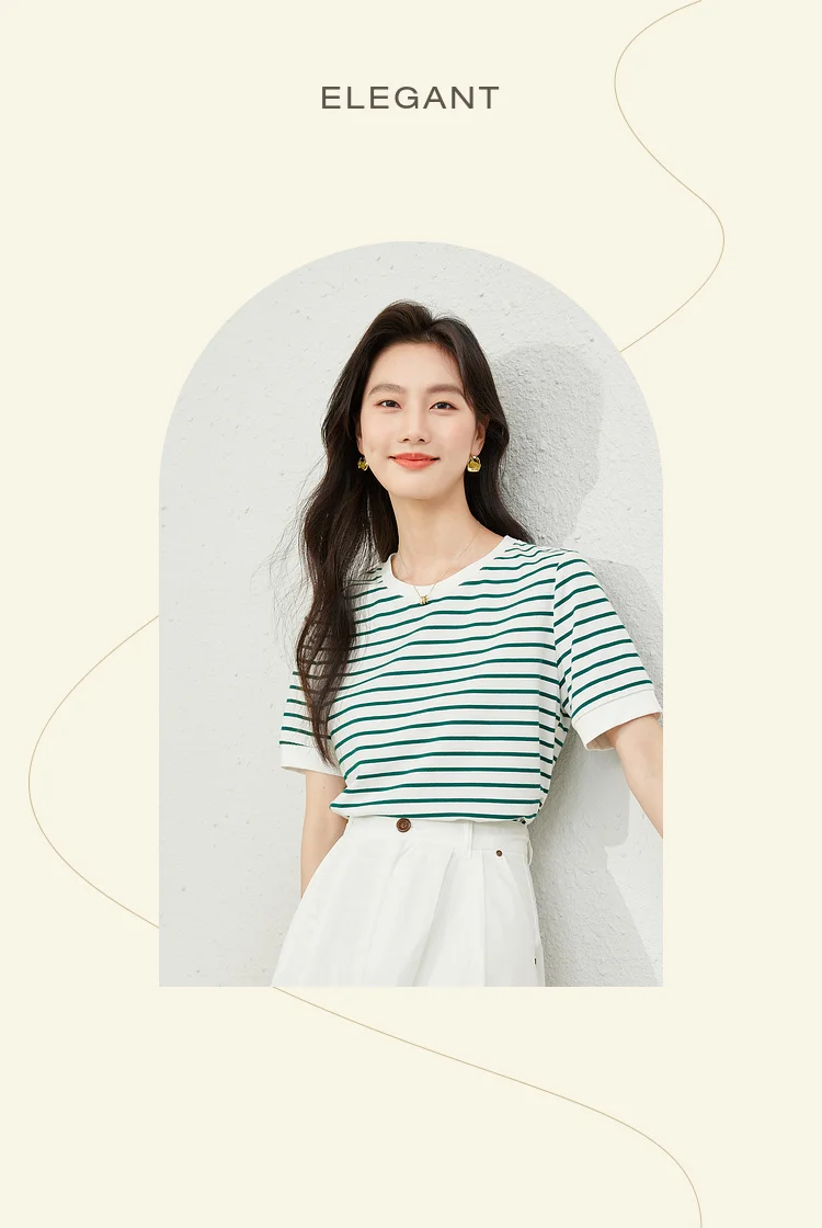 VIMLY Contrast Color Striped Short Sleeve Women's T-shirt 2026 Summer Simple Loose Casual Round Neck Cotton Knit Top M6563