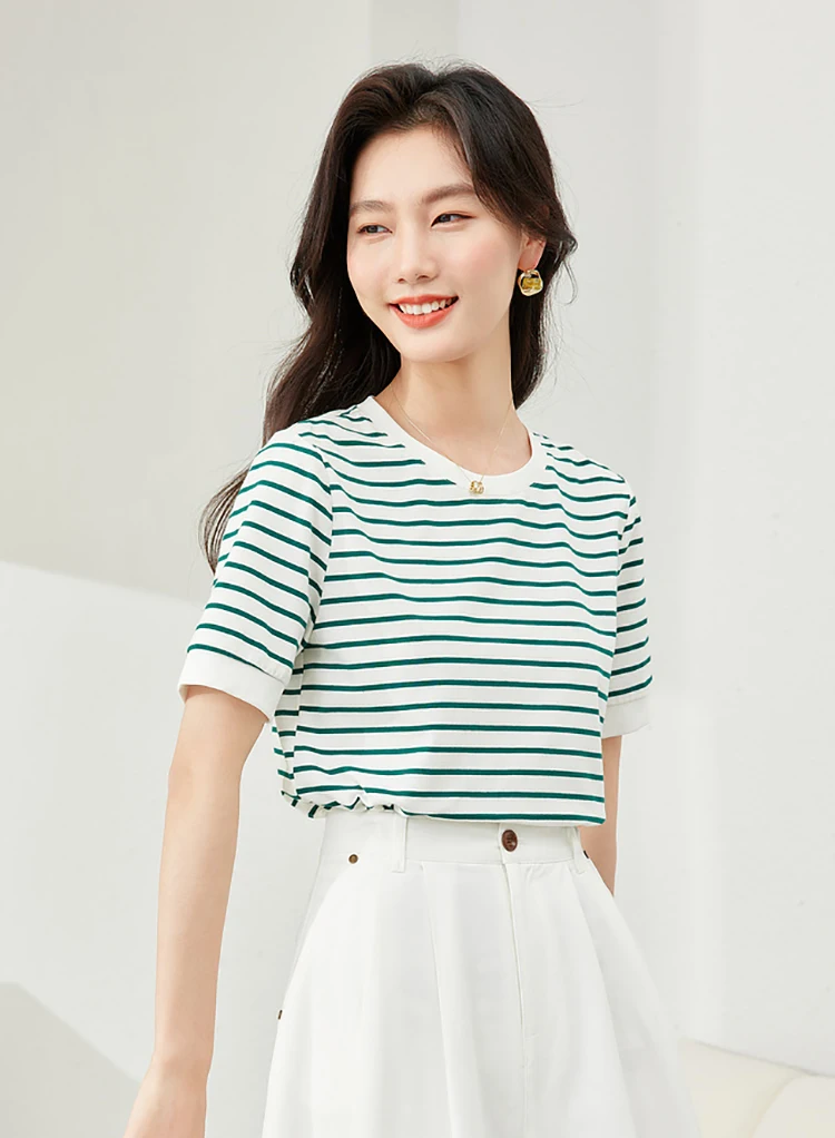 VIMLY Contrast Color Striped Short Sleeve Women's T-shirt 2026 Summer Simple Loose Casual Round Neck Cotton Knit Top M6563