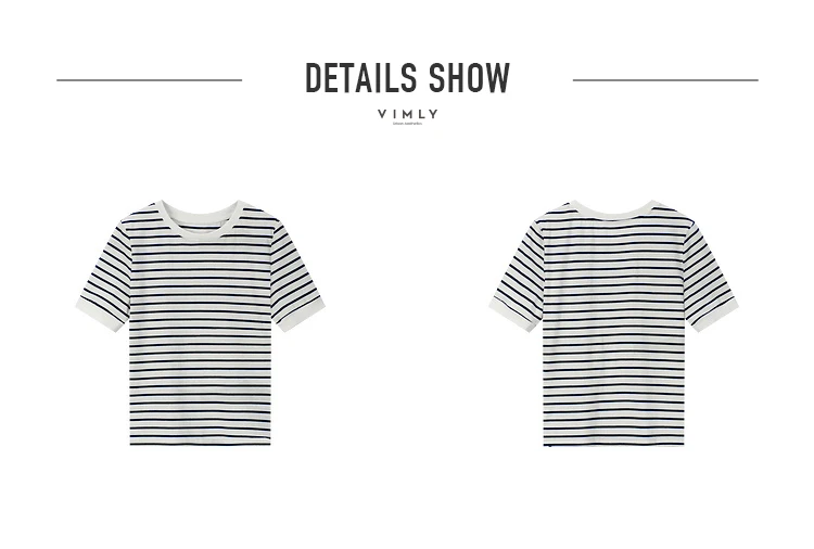 VIMLY Contrast Color Striped Short Sleeve Women's T-shirt 2026 Summer Simple Loose Casual Round Neck Cotton Knit Top M6563