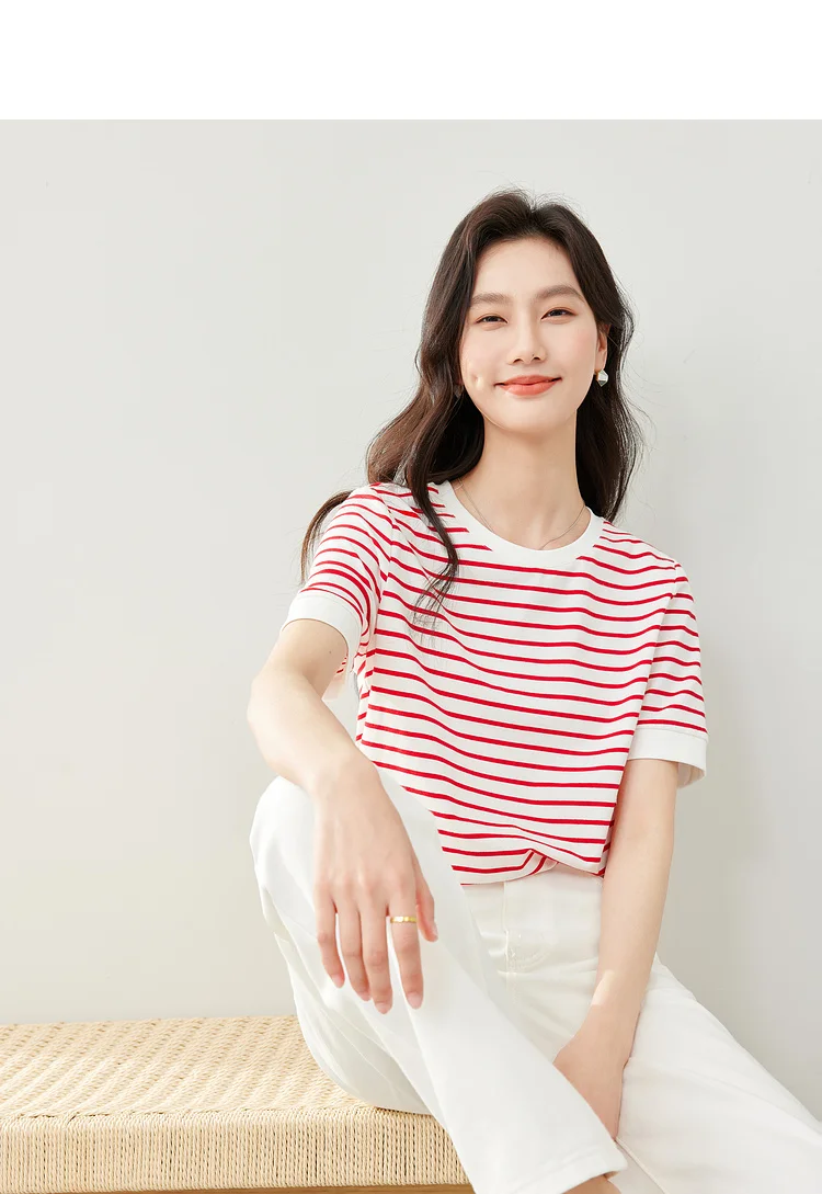 VIMLY Contrast Color Striped Short Sleeve Women's T-shirt 2026 Summer Simple Loose Casual Round Neck Cotton Knit Top M6563
