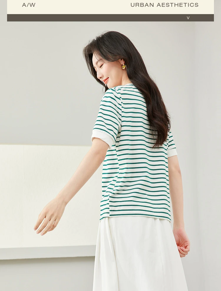 VIMLY Contrast Color Striped Short Sleeve Women's T-shirt 2026 Summer Simple Loose Casual Round Neck Cotton Knit Top M6563